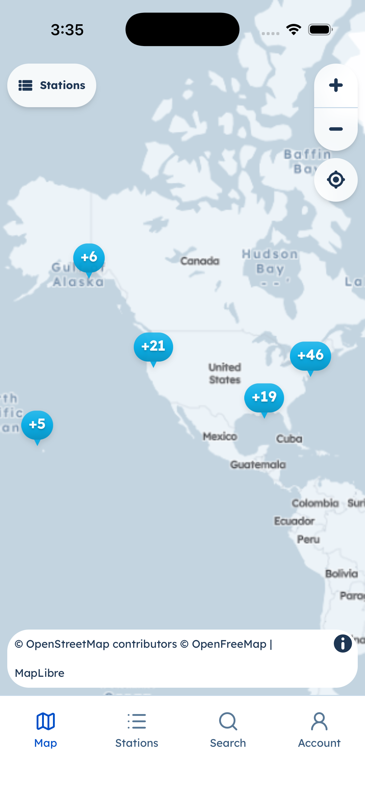 Map with station clusters and bottom tabs Map, Stations, Search, Account